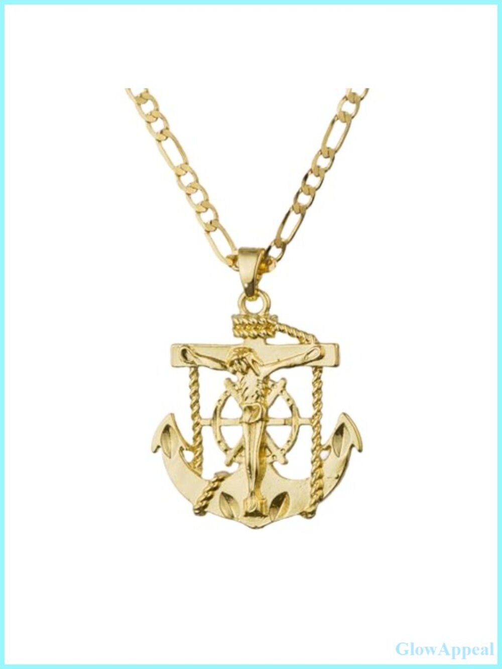 14K White Gold Plated Anchor Jesus Crucifix Pendant Necklace Figaro Chain